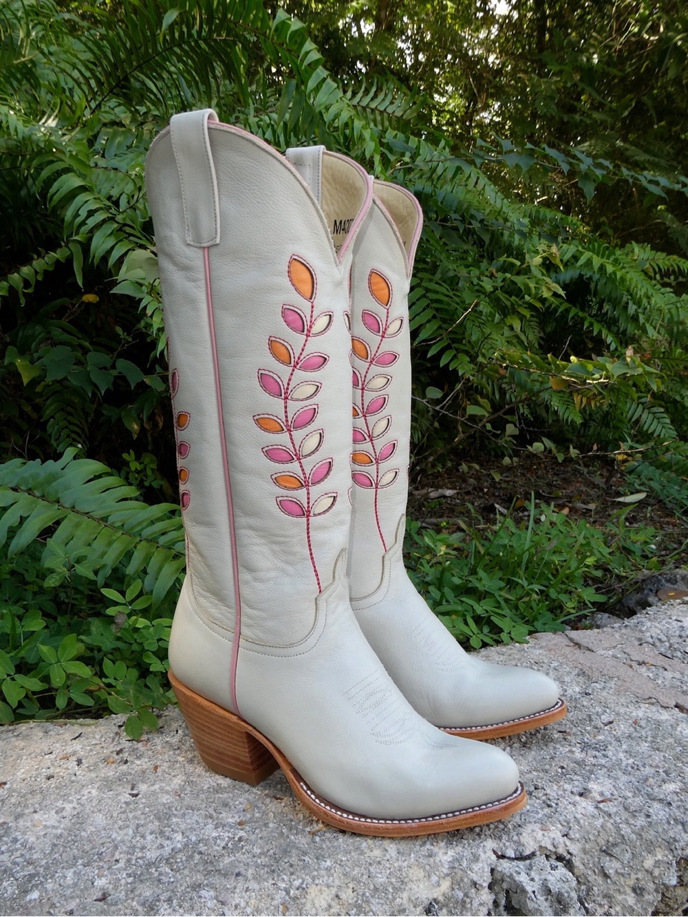 Cream Embroidered Western Knee-High Boot